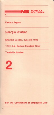 Norfolk Southern Railroad Eastern/Georgia Div Timetable 2 - 06/28/1992 Free Ship