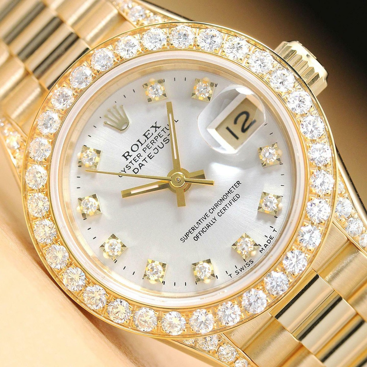 ROLEX LADIES 18K GOLD PRESIDENT 69178 FACTORY DIAMOND 1.1 CT BEZEL