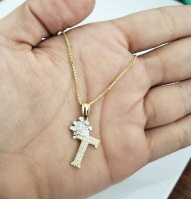 14k Yellow Gold CZ Crown Initial Alphabet Letter T Pendant Charm King Free  Chain