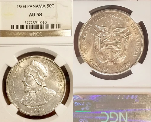 Panama 1905 Cincuenta Centesimos Rare High Grade Mislabeled 1904 NGC 58+ CH Unc.