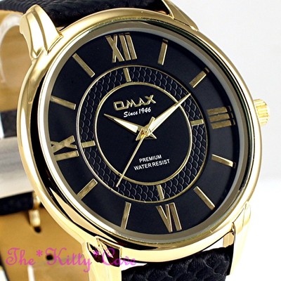 OMAX Slim Gold Pl Seiko Y121 Movt Classic Gents Black Swiss Dress Watch LA01G22I