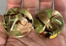 2 BOULDERS 35mm COMMANDO Marbles Wire Pull Confetti Green/Brown Glass LARGE HUGE