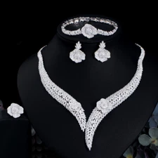 Statement Silver Plated CZ Flower Weddings Necklace Earring Bracelet Jewelry Set