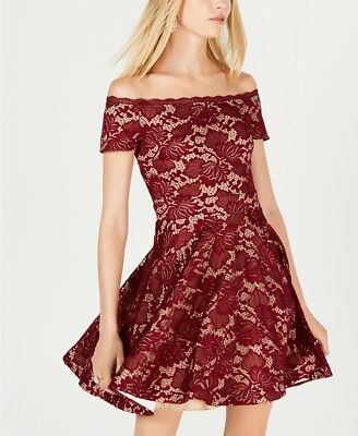 B Darlin Juniors' Lace Off The Shoulder Fit & Flare Dress Burgundy UK 6-8