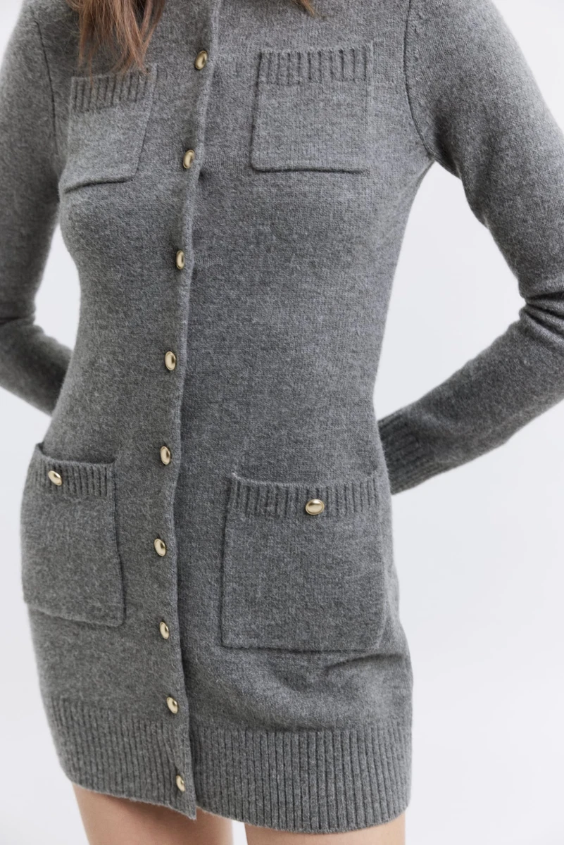 ZARA NEW WOMAN SS24 GREY SHORT KNIT DRESS WITH POCKETS REF 3920