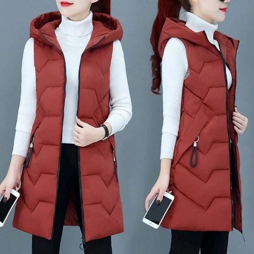 Womens Vest Hooded Down Cotton Warm Waistcoat Long Jacket Sleeveless Coat - Foto 5 di 19