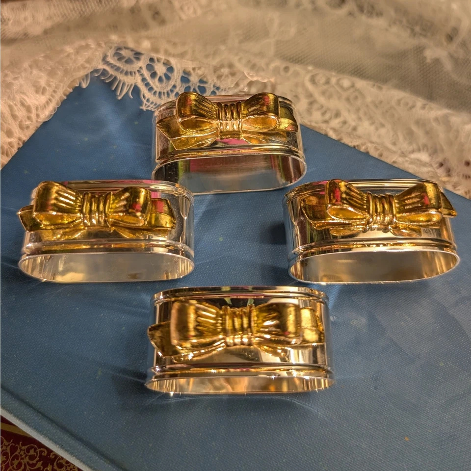 Juego de 4 elegantes servilleteros ovalados enchapados en plata con lazos chapados en oro - ¡Gran regalo! Foto 2 de 4