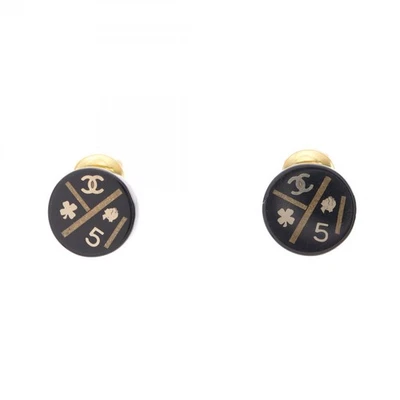 Boucles d'oreilles clips ronds icône marque CHANEL COCO plastique noir or occ... - Photo 1/4