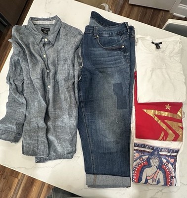 Womens Plus Size 2x/18 Bundle (5 Pieces) Cropped Jeans + Linen  Shirt + Tees -