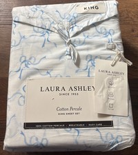 Laura Ashley Blue Trailing Bows King Size Sheet Set 100 Percale Cotton Ribbons