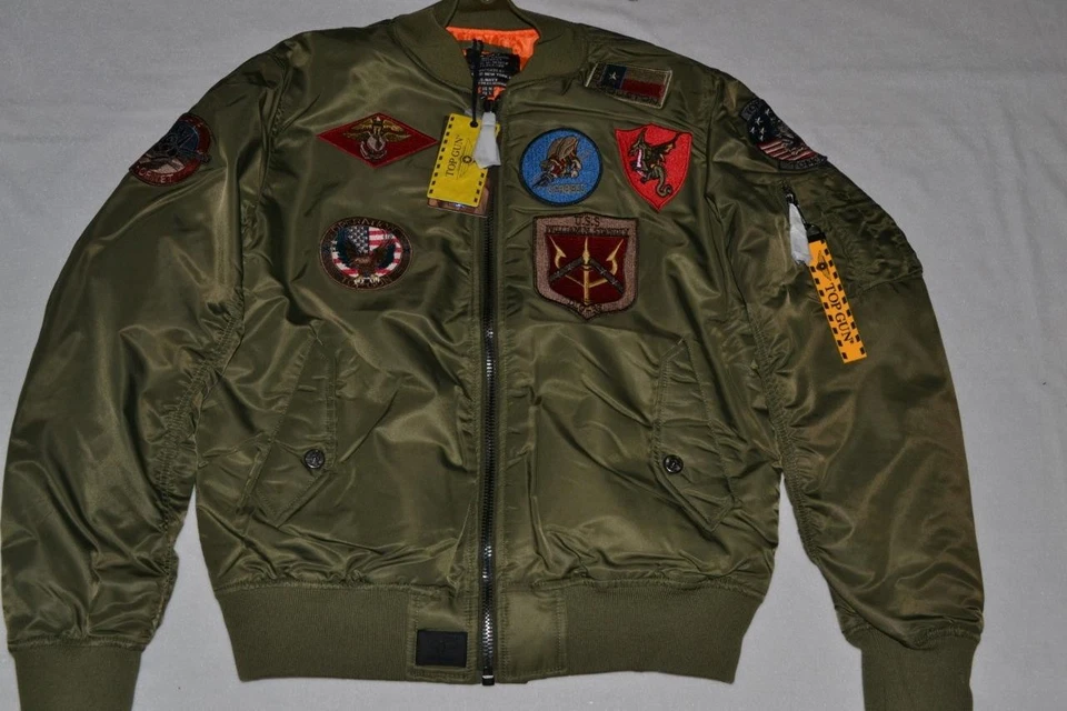 AUTHENTIC MEN’S TOP GUN MA-1 NYLON BOMBER JACKET PATCHES ARMY GREEN NWT - Image 2 of 4