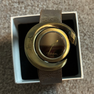 Roberto Cavalli Women s Quartz Analog Round Gold-Tone Watch Bronze Leather Box
