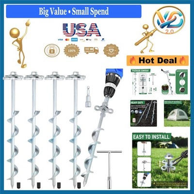 4 Pack Heavy Duty Ground Anchors 12'' Spiral Tent Stakes with Hooks & T-Handle