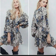 Free People High Plains Elastic Waist Dress Billowy Sleeve Pink Blue Women's S