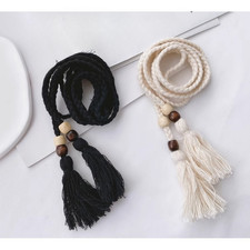 Cotton Linen Bohemian Rope Belt 150cm Adjustable Waist Chain with Wooden Beads
