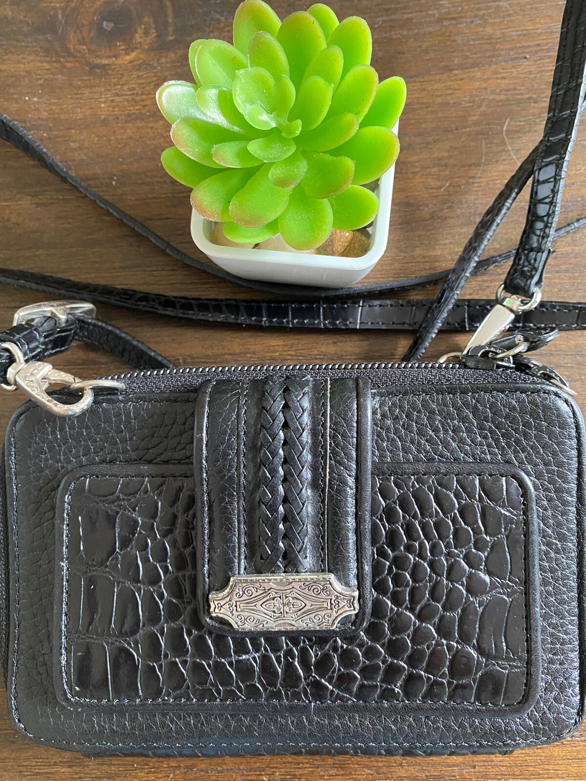 Vintage Brighton Crossbody Organizer Purse Wallet Black Leather Croc Pebble eBay