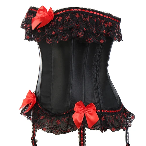 Women 12 Plastic Bones Waist Cincher Overbust Satin Corset Lace-Up Sexy Lingerie - Picture 13 of 19