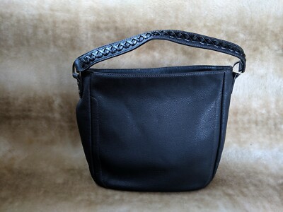   DAVID JONES PARIS Black Leather Braided Handle Slouch Bag Shoulder Hobo Purse 