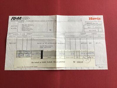 Hovis Brot RHM Mehlmühlen Ltd Essex Cavalier Weizenmehl 1972 Quittung R43309