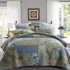 Quilt Set Queen Bedspread Reversible Green Farmhouse Garden Coverlet Real Patchw