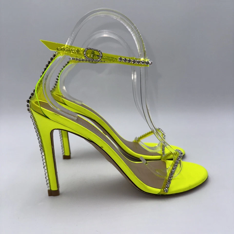 STUART WEITZMAN Rhinestone Embellished Stiletto Heel Yellow Satin Leather Sz 7.5 - Image 3 of 4