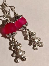 Rustic Silver Teddy Bear Dangle Charm Earrings With Frosted Glass Bead