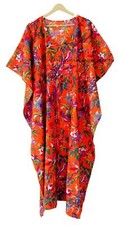 Indian Cotton Loose Short Sleeves Bird Print Orange Free Size Caftan Maxi Dress
