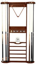 8 CUE WALL RACK with SCORERS for POOL TABLE / BILLIARD CUES / CUE STICKS WALNUT