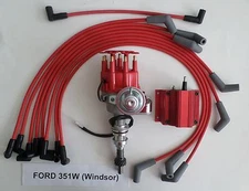 FORD 351W (Windsor)  RED Small Cap HEI Distributor + RED COIL + USA PLUG WIRES