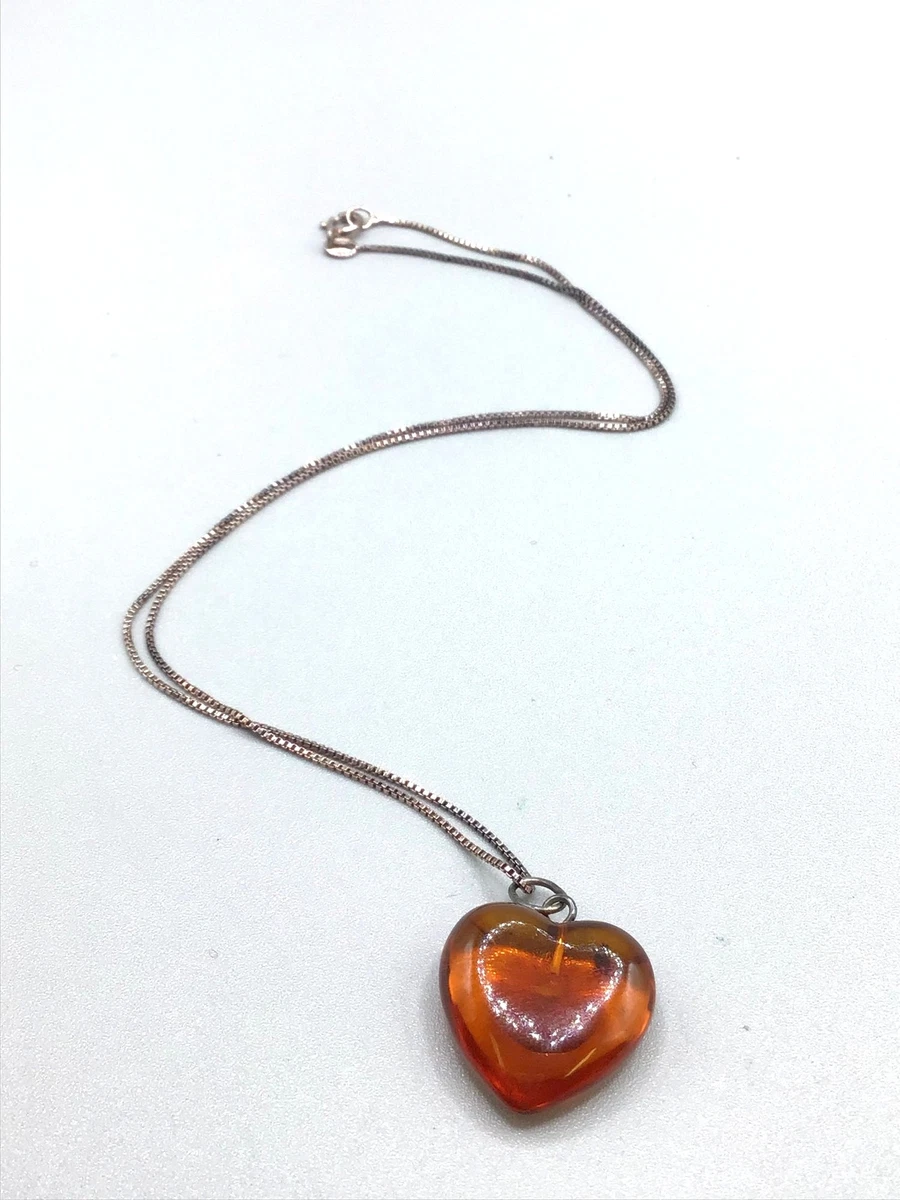 Puffy Heart Amber Pendant Sterling Silver Chain Genuine Amber