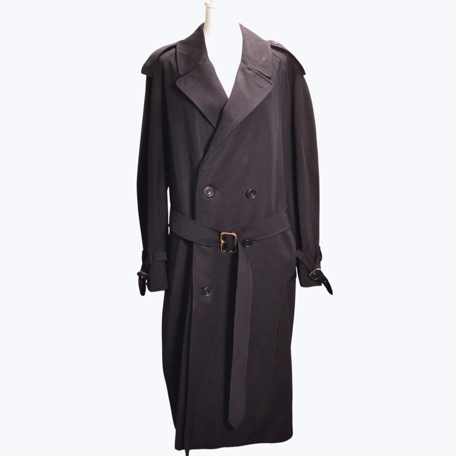 Old England Paris Vintage Men's Black Wool Trench Coat Belted Black Classic 42R