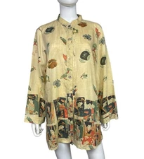 Citron Santa Monica Women's L Multicolor Linen Artsy Asian Print Tunic Top EUC
