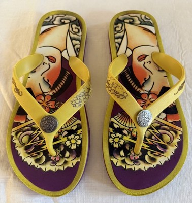 Ed Hardy Sandal Women 8 Rainbow Hawaii Floral Flip Flop Pool Beach Retro Core Go