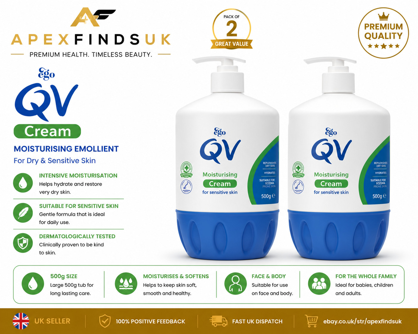 2x QV Cream 500g | Moisturising Emollient for Dry & Sensitive Skin