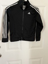 adidas Boys Black Track Jacket White 3-Stripes Full Zip Youth M 10/12