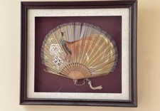 Framed Antique Peacock Design Hand Painted Hand Fan