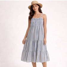 New Aerie Midi Dress Womens XXS Blue White Striped Tiered Smocked Coastal Boho