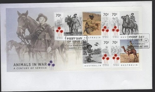 2015 Australia Military ANIMALS in WAR Set of 5 Stamps Mini Sheet FDC