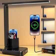 LED Desk Lamp with 3 USB Charging Ports,1 AC Outlet,2 Black 3.0 with Organizer