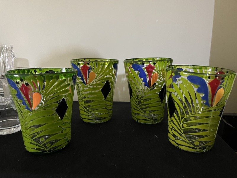 4 TROPICAL HAND PAINTED ENAMELED GLASSES TUMBLERS ARTIST SIGNED