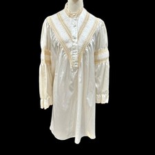 ilise Stevens Satin Nightgown Size M Ivory Crochet Lace Cottage Grandma Vintage