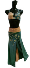 Egyptian Belly Dance Costume bra  Skirt Set Dancing Dark Green  Silver Beads