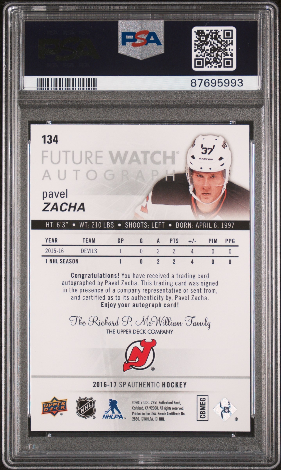 2016 SP Authentic Future Watch Autograph Auto RC Pavel Zacha #134 PSA ...