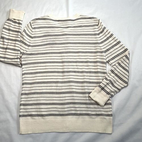 Loft Floral Embroidered Striped Cardigan Sweater Medium Gray White Spring Preppy - Picture 5 of 8