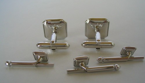 VINTAGE TIGER EYE TUXEDO SHIRT BUTTON STUDS CUFF LINK SET SWANK SILVER TONE - Picture 7 of 11