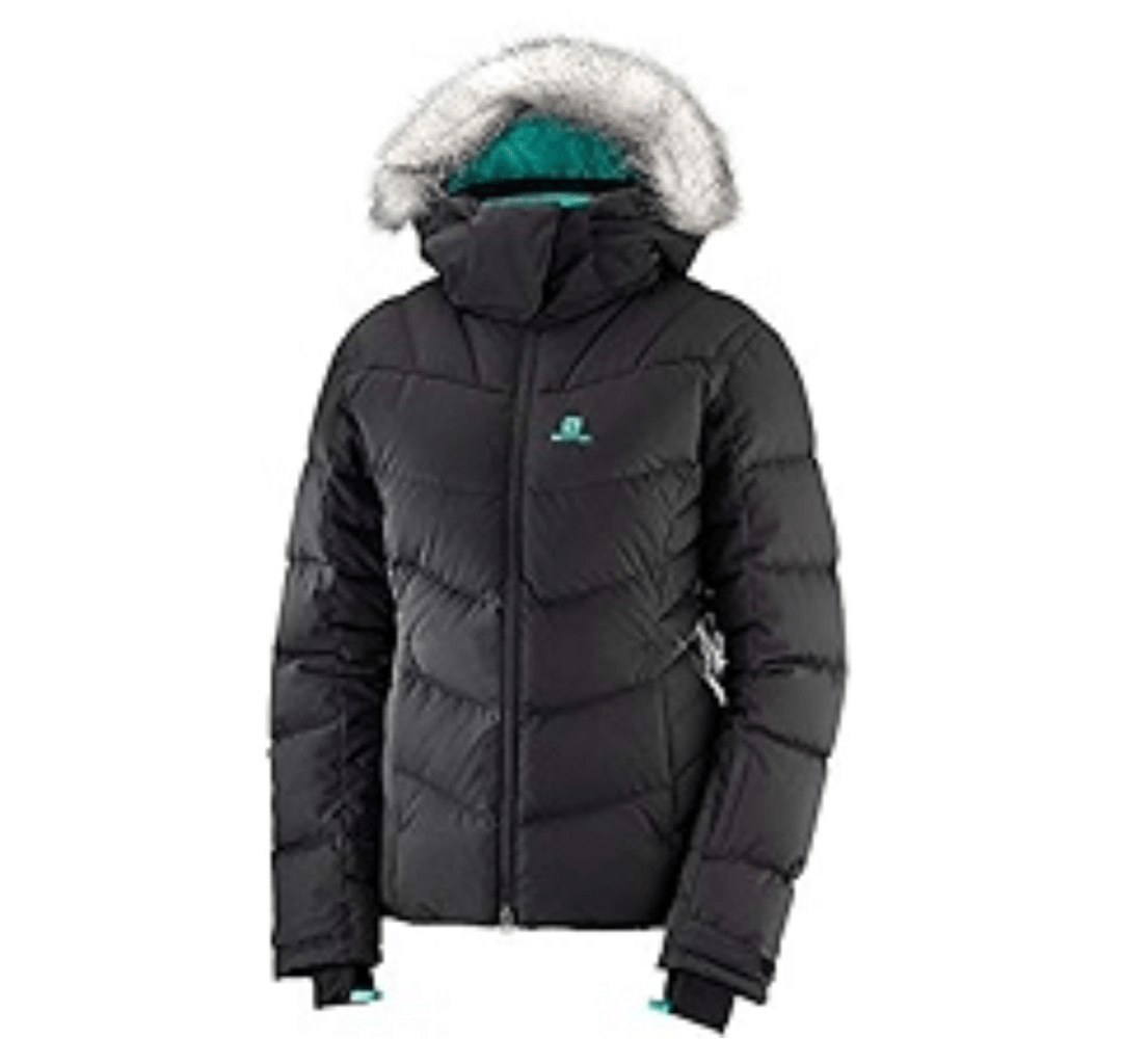 Giacca donna Salomon nuova con etichette $350 Motion Fit Down isolata Icetown Puffer nera La