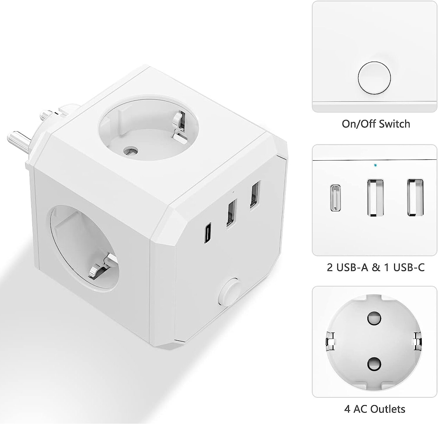 EU Mehrfachsteckdose 1 Auf 3 - 180° Drehbar Ohne Kabel Weiß