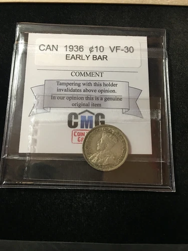1936  Early Bar,  Coin Mart  Graded Canadian,  ¢10  Cent, **VF-30**