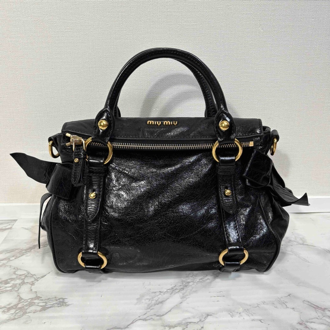 バッグ miu miu vitello lux 2way hand bag black Miu Miu VITELLO LUX 2way Hand Bag Shoulder Bag Side Ribbon