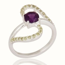 Natural Amethyst Peridot Gemstone Birthstone Jewelry 925 Sterling Silver Ring